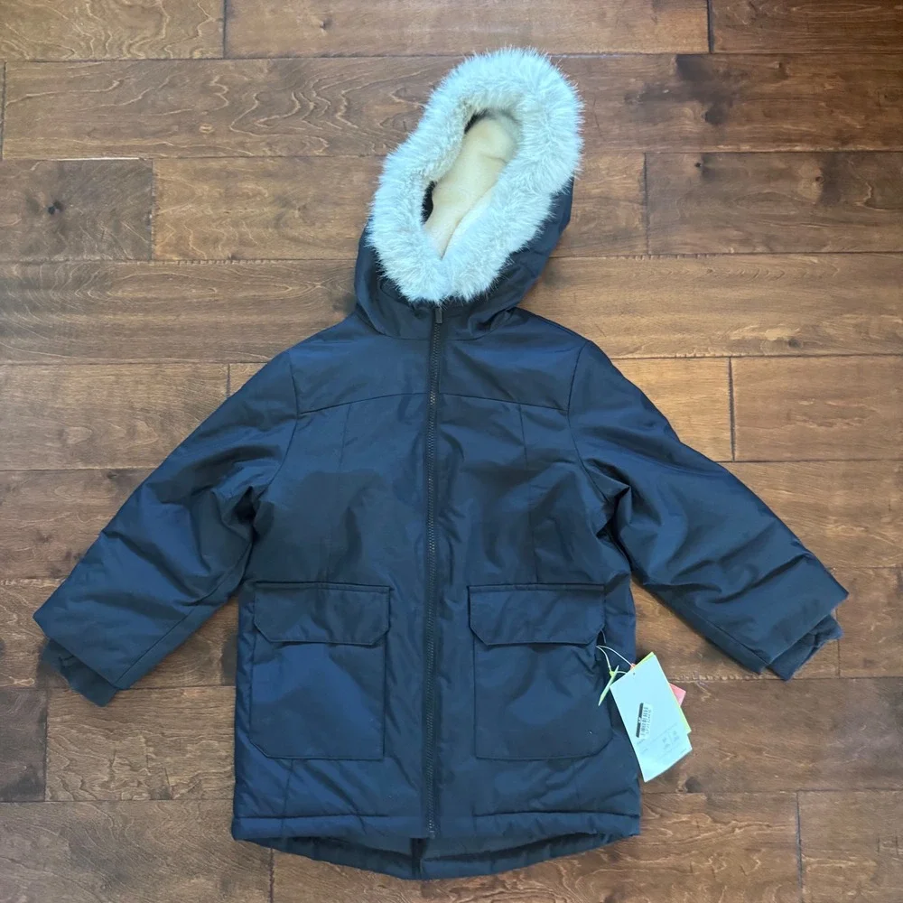 All in Motion Boys Black Winter Parka Faux Fur Hood Water Resistant Jacket S 6/7